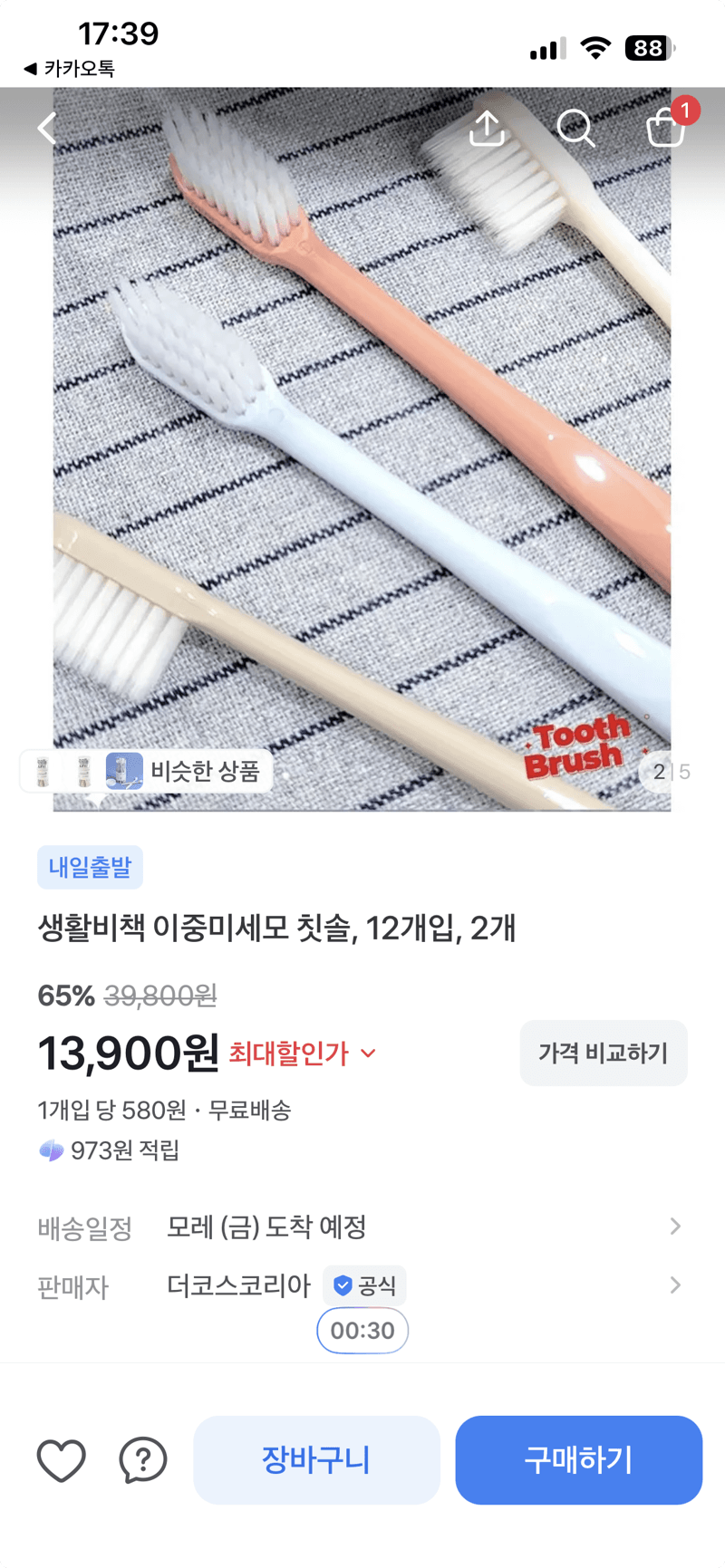 생활비책 이중미세모 칫솔 12개입 2개