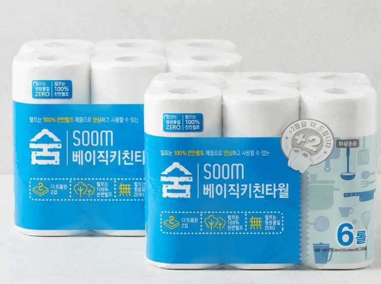 숨 베이직 키친타월 2겹 100매 6롤 2팩