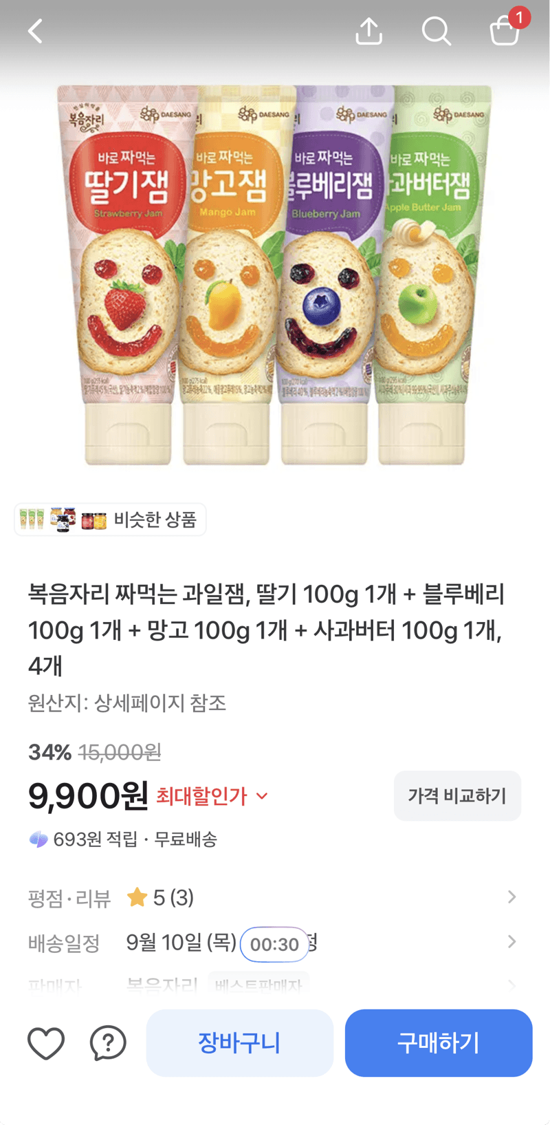 복음자리 짜먹는 과일잼 100g 4종