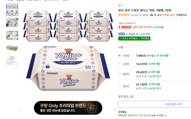 탐사 클린 도톰한 물티슈 캡형 100매 10개