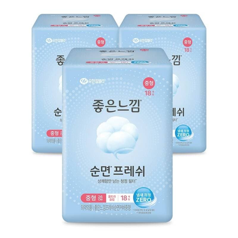 좋은느낌 순면프레쉬 생리대 중형 18매 3팩