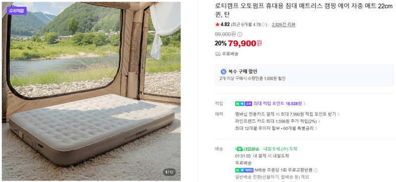 로티캠프 오토펌프 캠핑 에어 매트 22cm 퀸