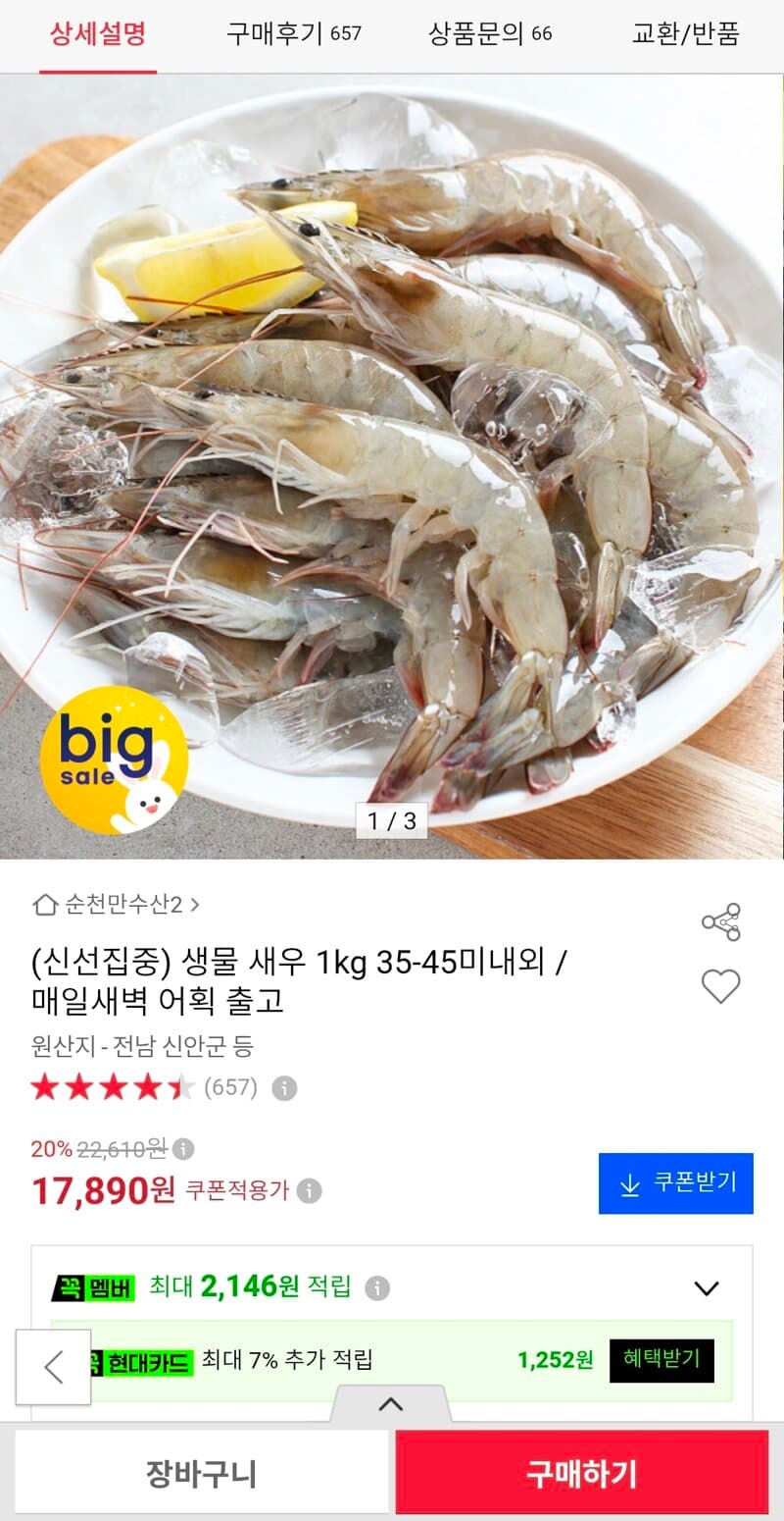 생물 새우 1kg (35~40미)
