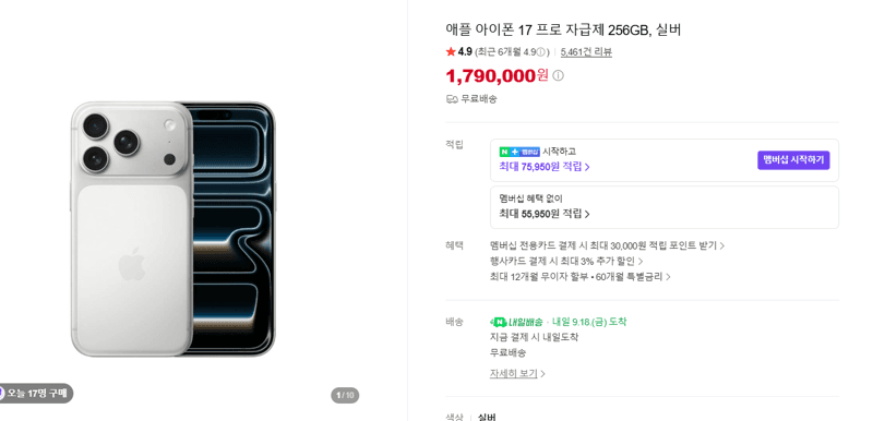 Apple 아이폰 17 프로 자급제 256GB 실버