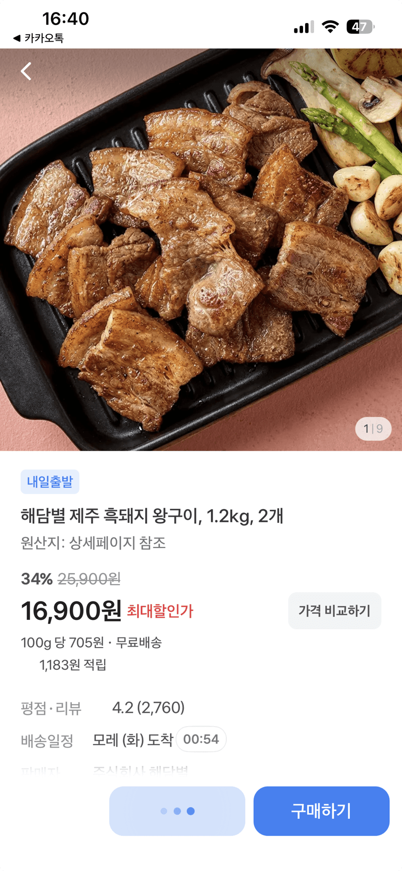해담별 제주 흑돼지 왕구이 1.2kg 2개