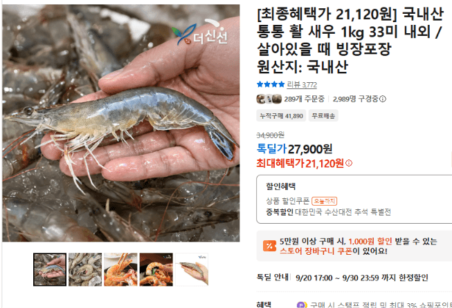 국내산 활 새우 1kg 33미 내외