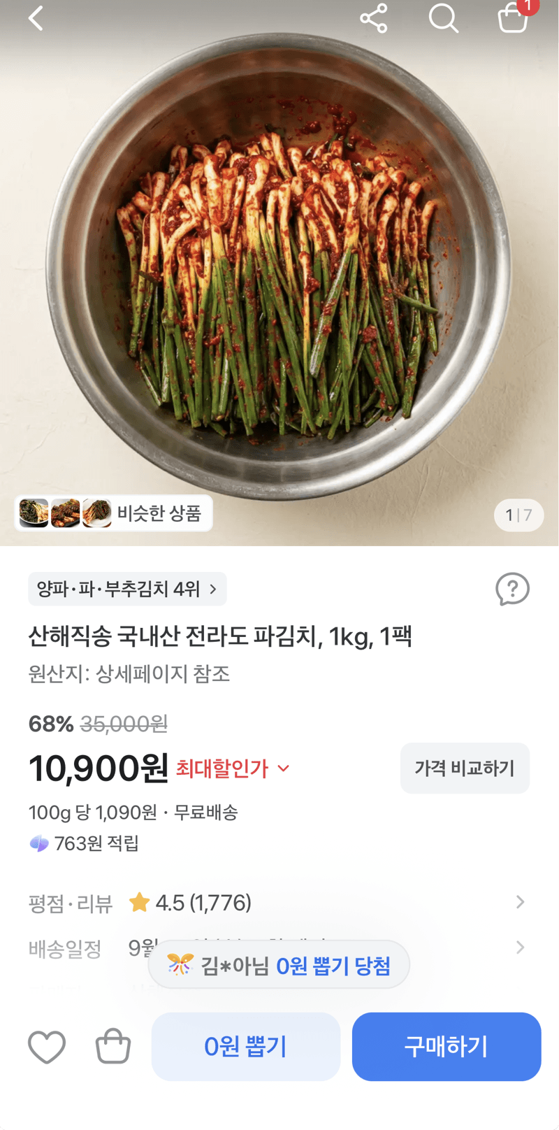 국내산 전라도 파김치 1kg 1팩