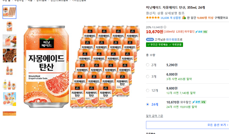미닛메이드 자몽에이드 탄산 355ml 24개