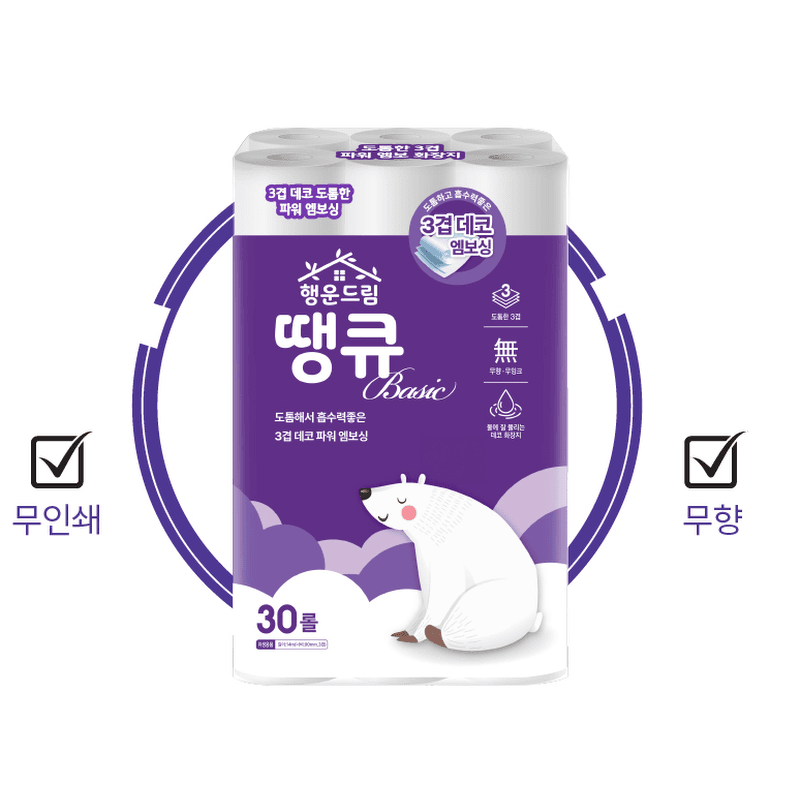 행운드림 땡큐 베이직 3겹 화장지 30롤x2팩