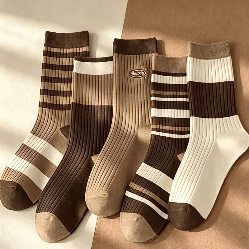브라운 체크 중목 양말 5켤레