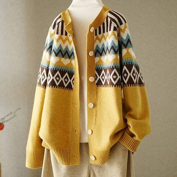 Nordic Pattern Knit Cardigan, One Color, FREE