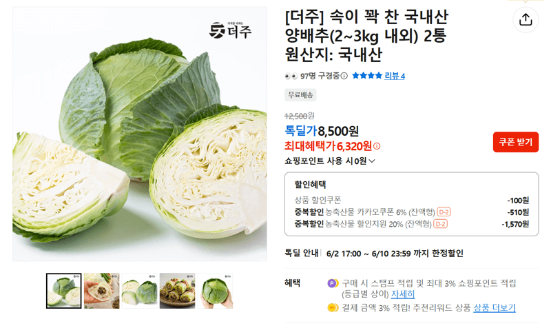 국내산 양배추 2통