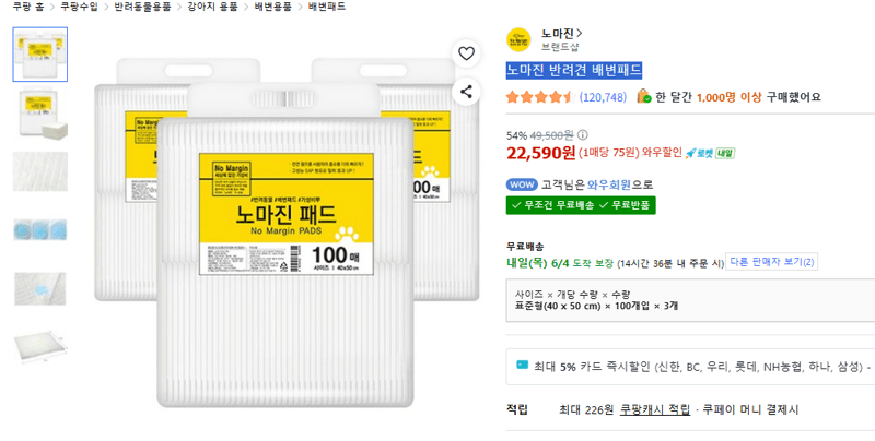 노마진 반려견 배변패드 100매 3개
