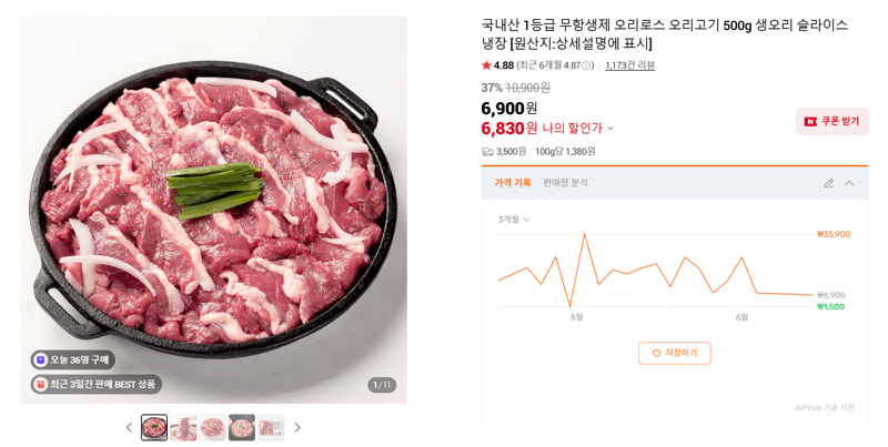 국내산 무항생제 오리로스 500g