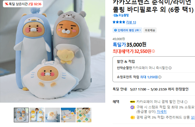 카카오프렌즈 춘식이/라이언 쿨링 바디필로우 외 (6종 택1)