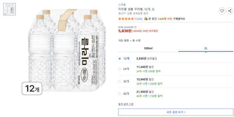 미라클 샘물 무라벨, 12개, 2L