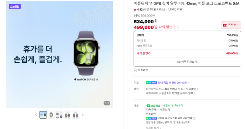 애플워치 11 GPS 실버 알루미늄, 42mm, 퍼플 포그 스포츠밴드 S/M