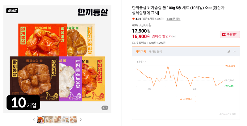 한끼통살 닭가슴살 볼 10개