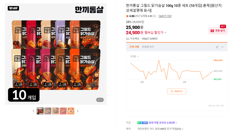 한끼통살 그릴드 닭가슴살 100g 10종