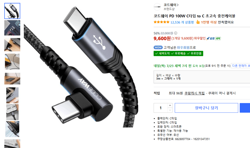 코드웨이 100W C to C 충전케이블