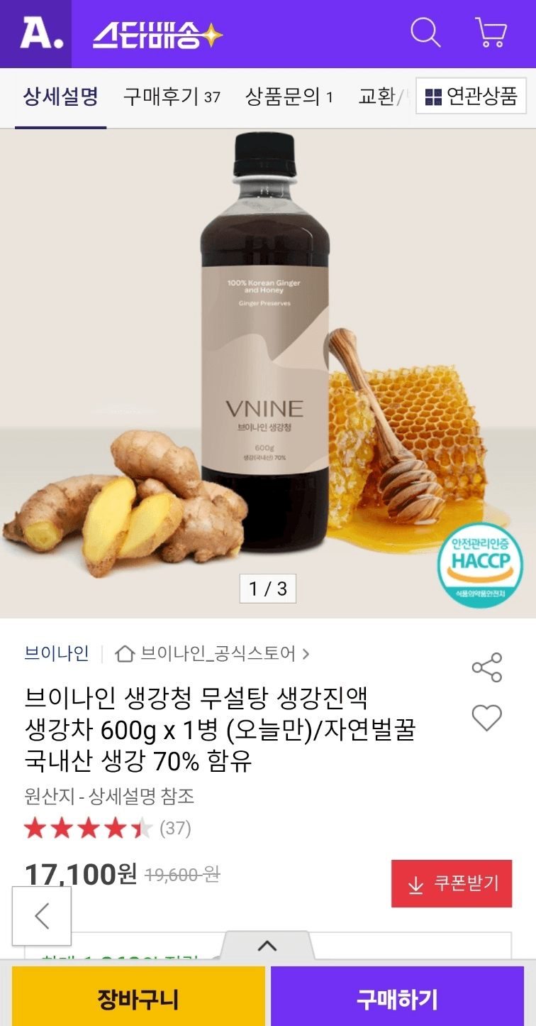 브이나인 생강청 600g