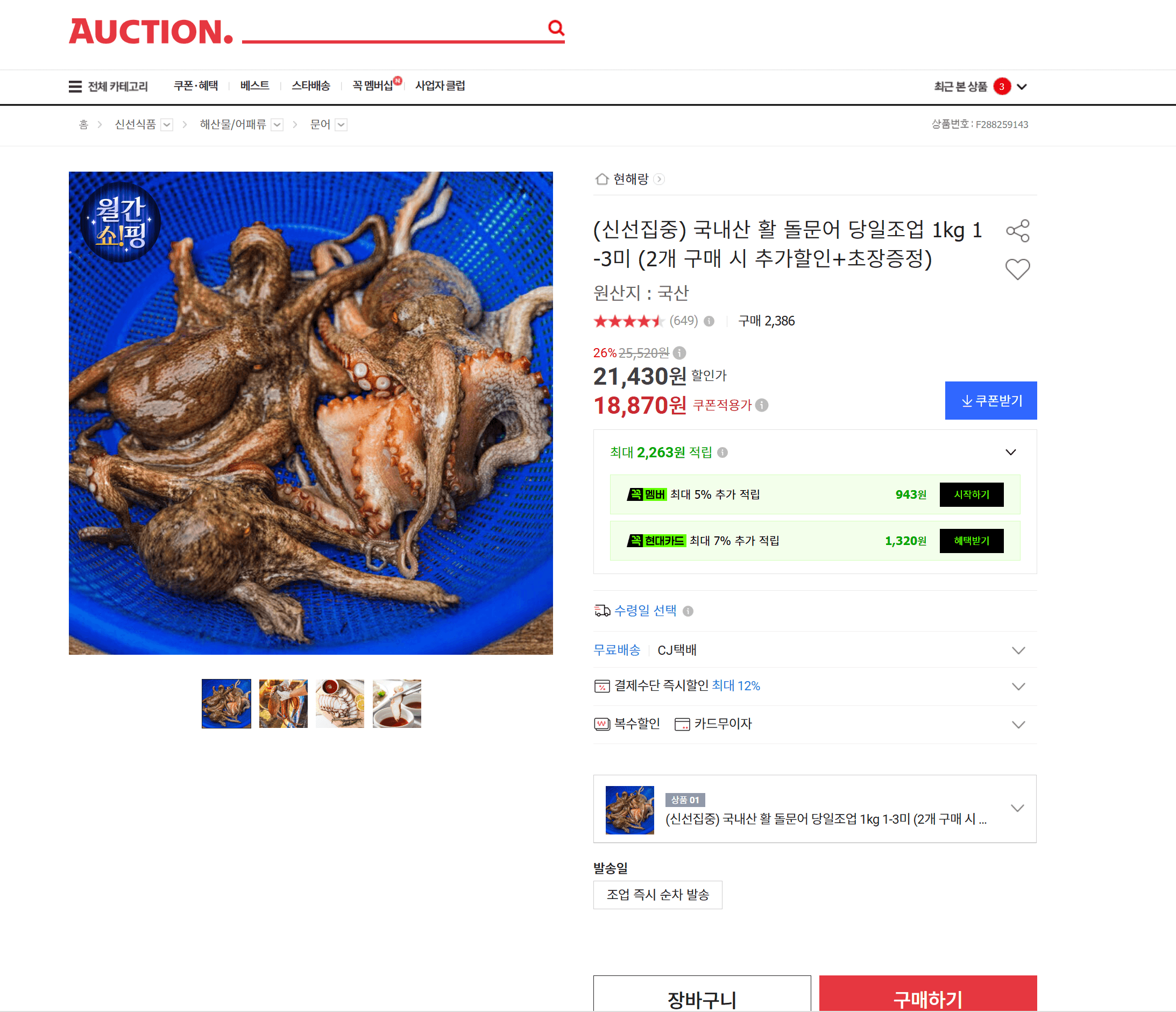 국내산 활 돌문어 1kg