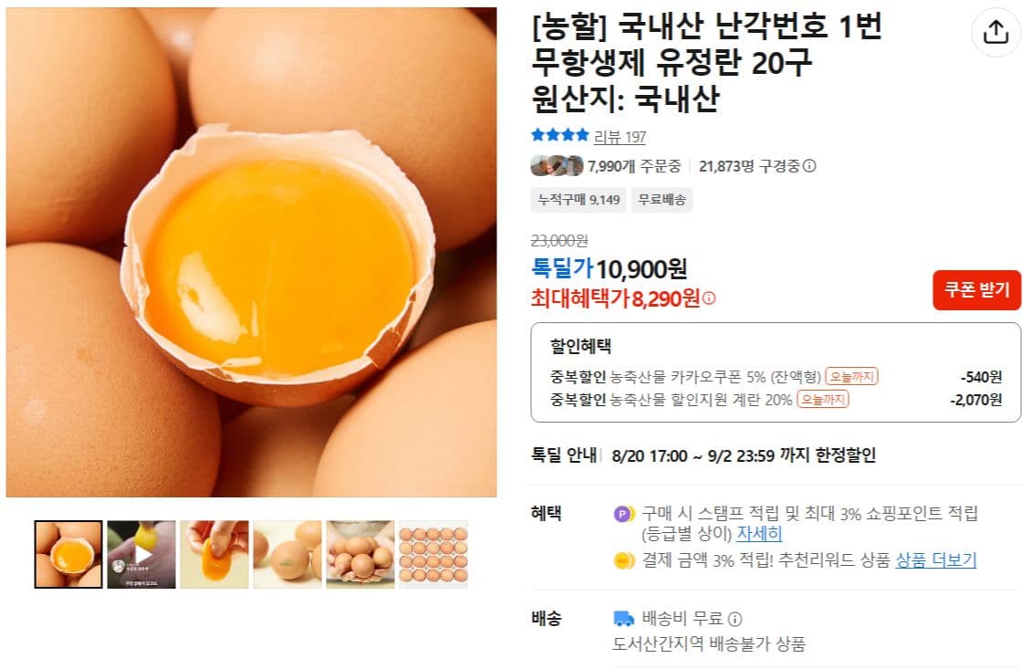 국내산 무항생제 유정란 20구