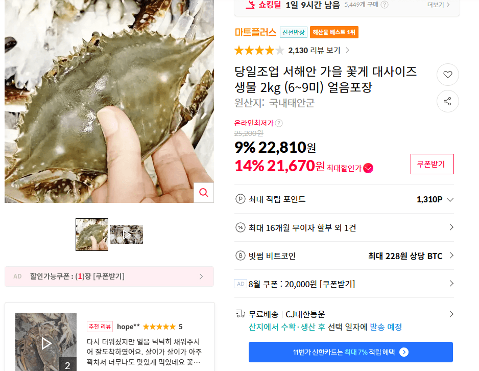 서해안 가을 꽃게 대사이즈 생물 2kg