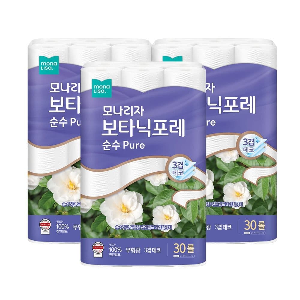 Monalisa Botanic Pure 3-ply 30 Rolls 3 Packs