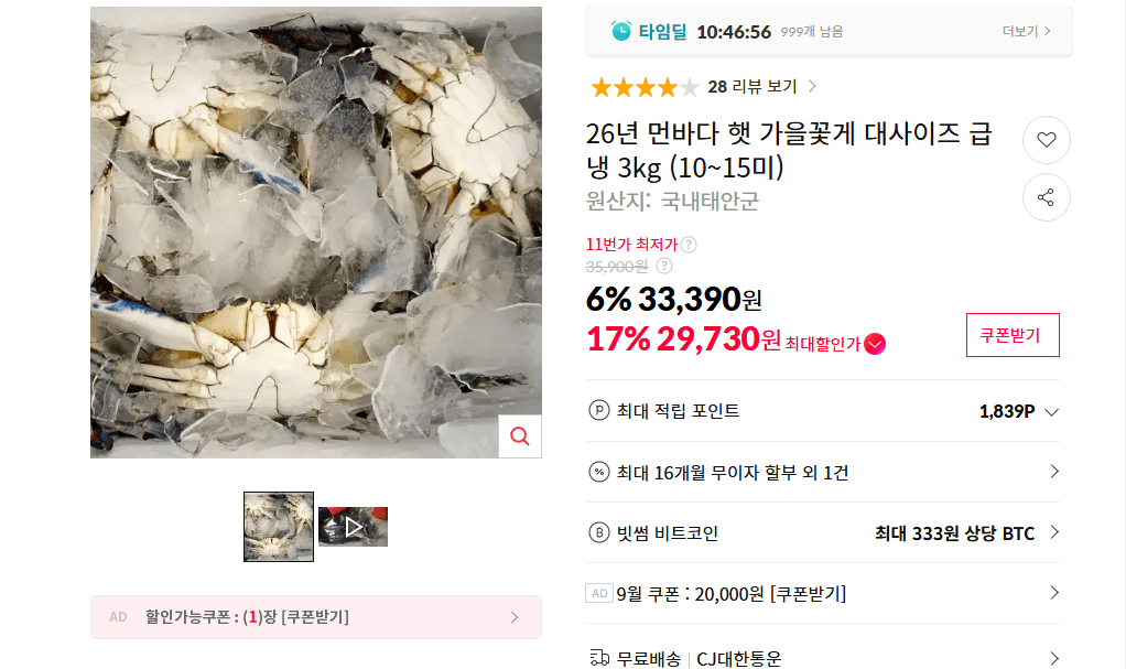 가을꽃게 대사이즈 급냉 3kg