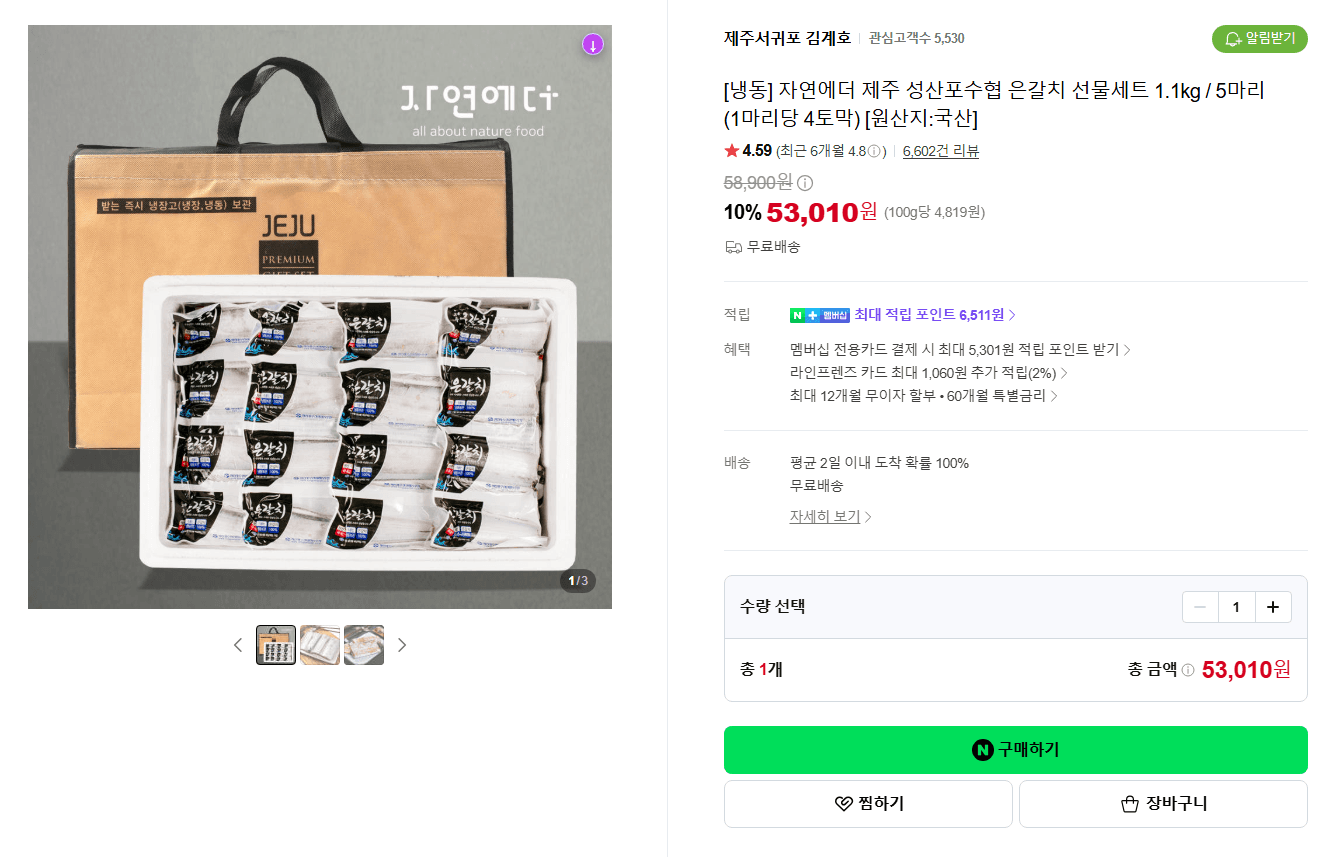 제주 은갈치 선물세트 1.1kg 5마리