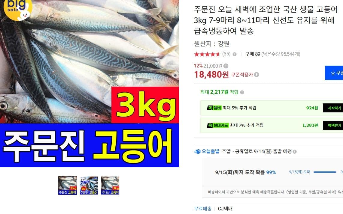 주문진 새벽조업 국산 생물 고등어 3kg