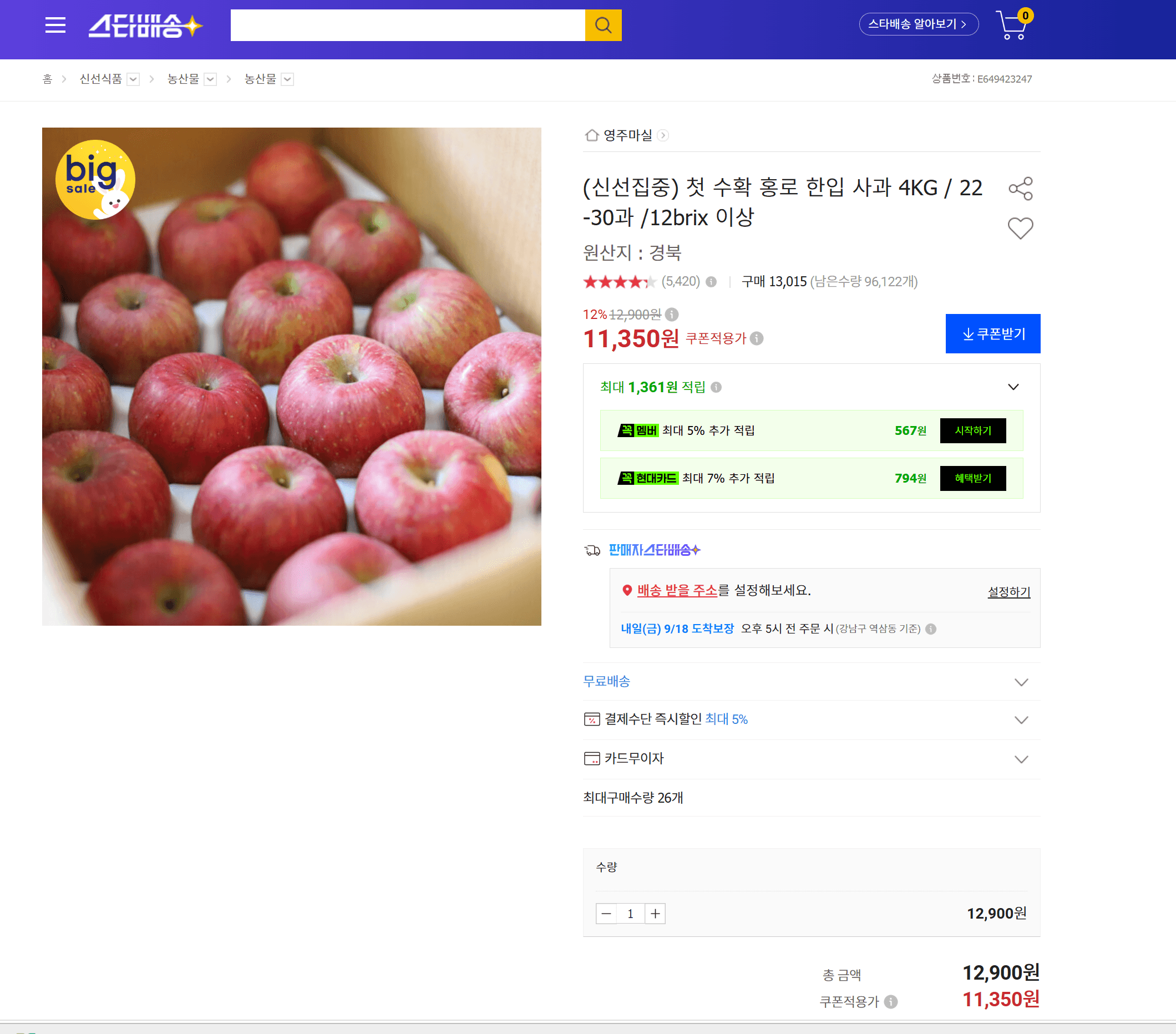 첫 수확 홍로 한입 사과 4KG