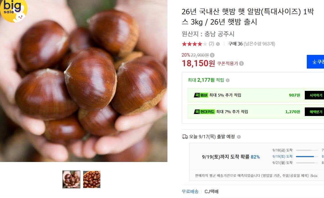 국내산 햇밤 특대사이즈 1박스 3kg