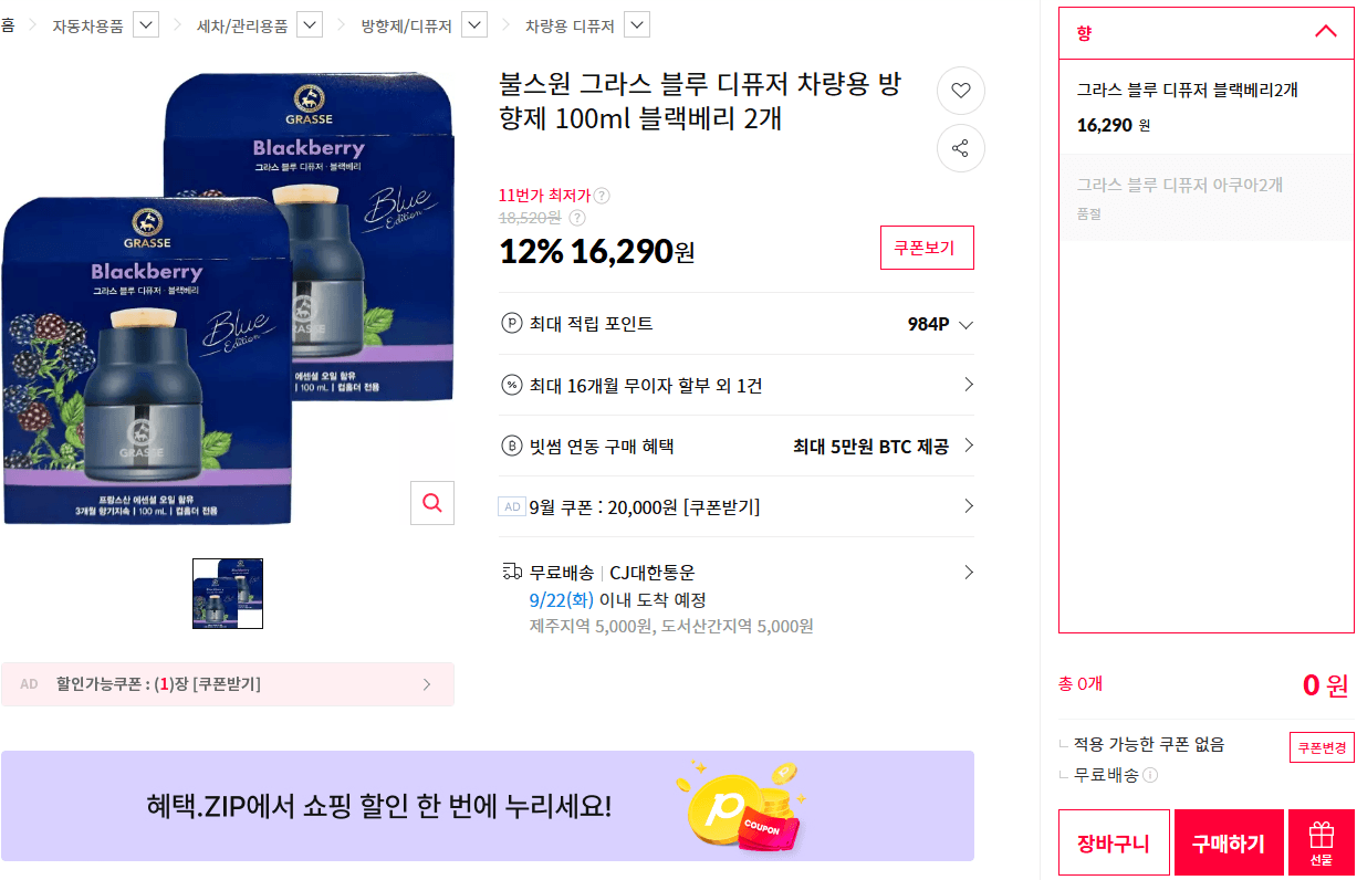 불스원 그라스 블루 디퓨저 100ml 블랙베리