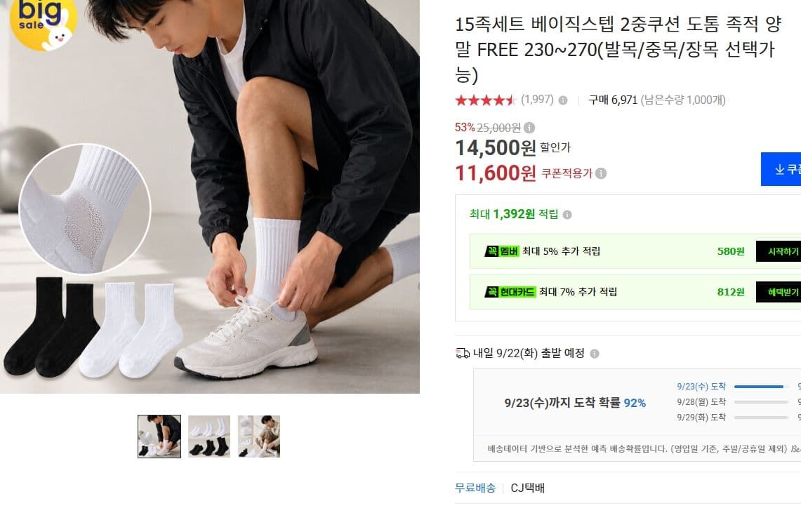 15족세트 베이직스텝 쿠션 양말