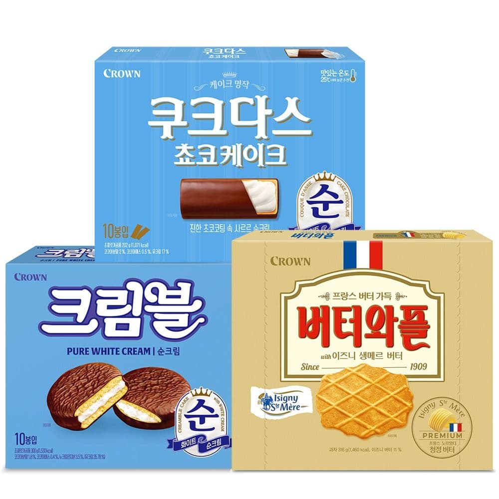 크라운 크림블 + 쿠크다스 초코케이크 + 이즈니 버