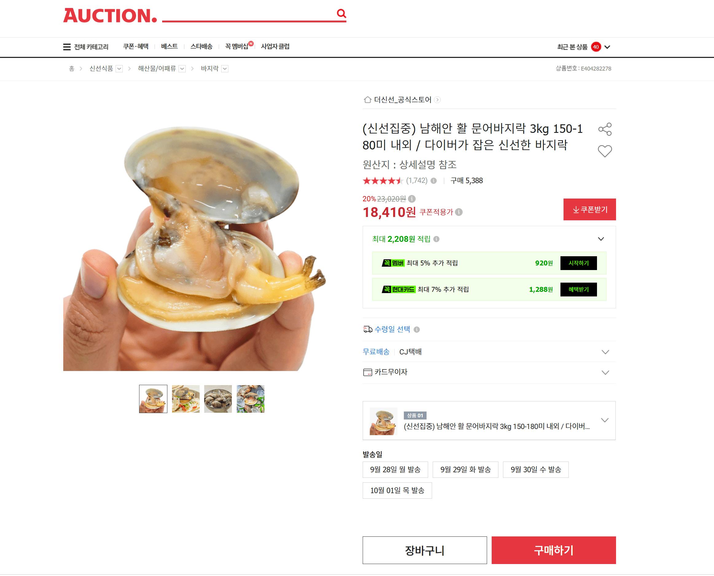 남해안 활 문어바지락 3kg