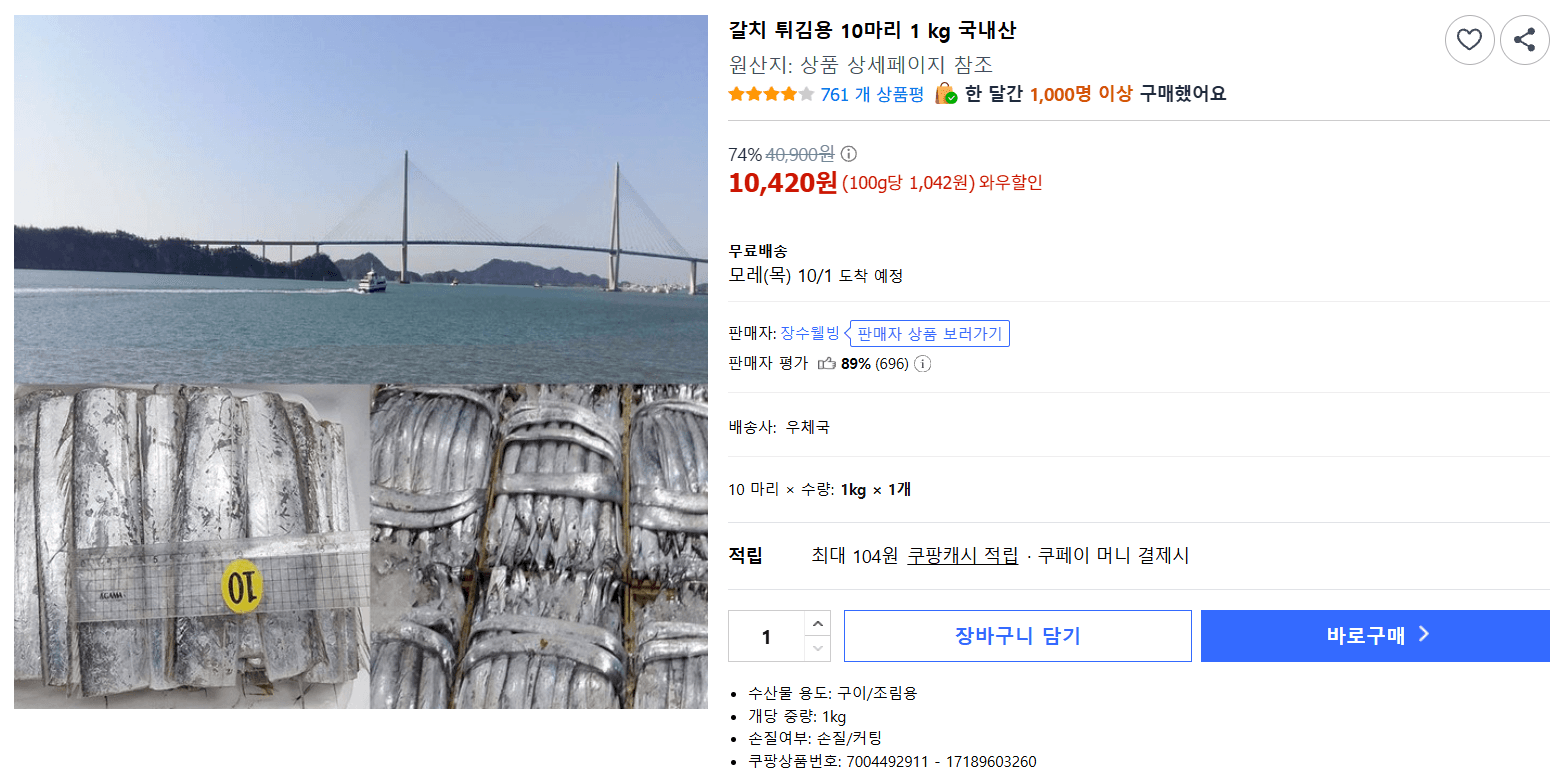 갈치 튀김용 10마리 1kg 국내산