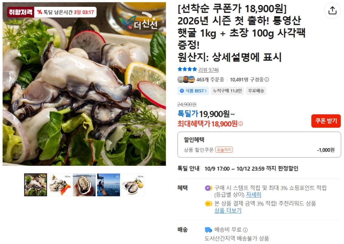 Tongyeong Fresh Oysters 1kg + 100g Chojang Gift