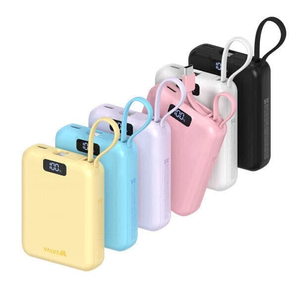 ValueM 10000mAh Mini Power Bank with Built-in USB-C Cable
