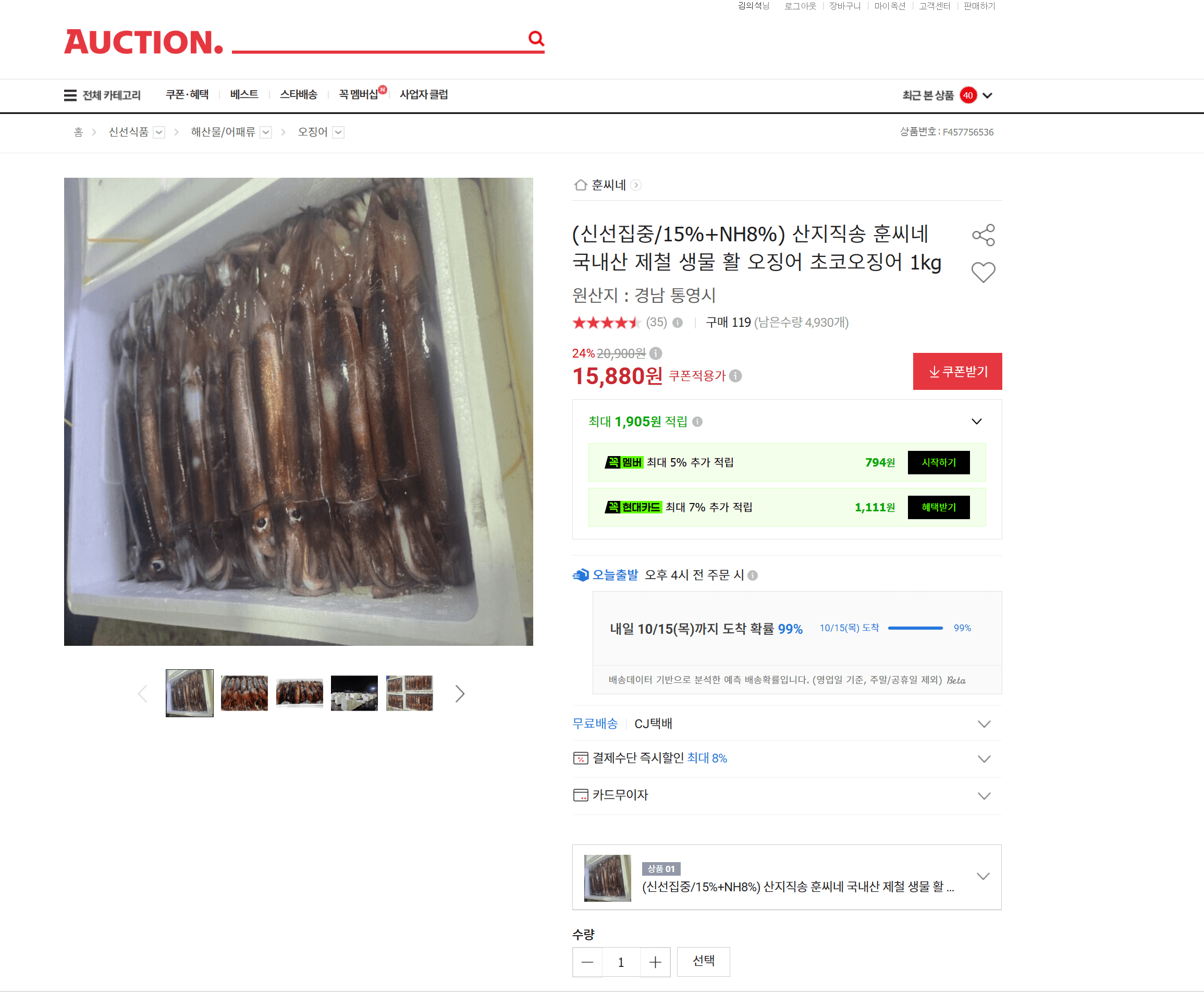 국내산 활 오징어 초코오징어 1kg