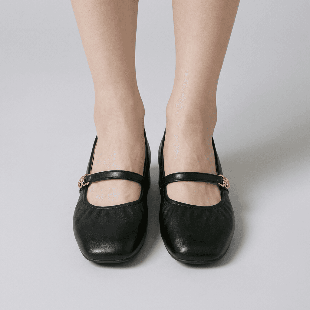 Shurio Mary Jane Shirring Strap Heel Flats (Black, 240mm)