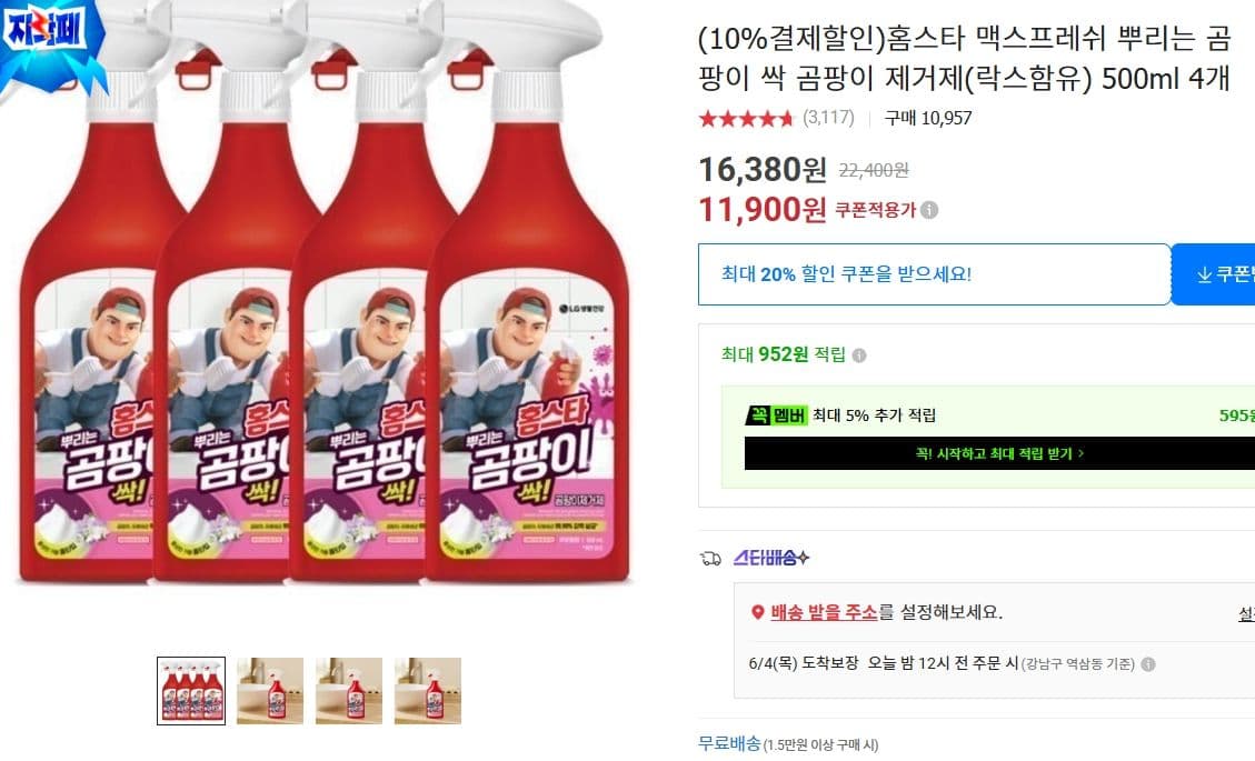 홈스타 맥스프레쉬 뿌리는 곰팡이 제거제 500ml 4개
