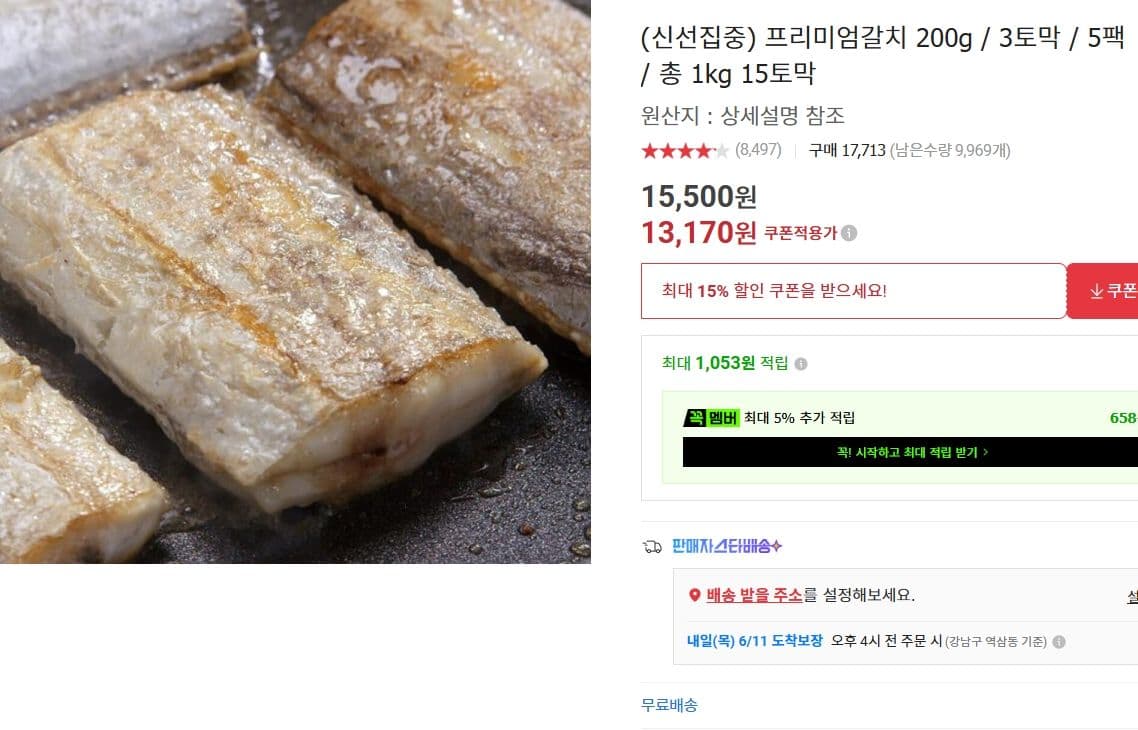 프리미엄 갈치 1kg 15토막