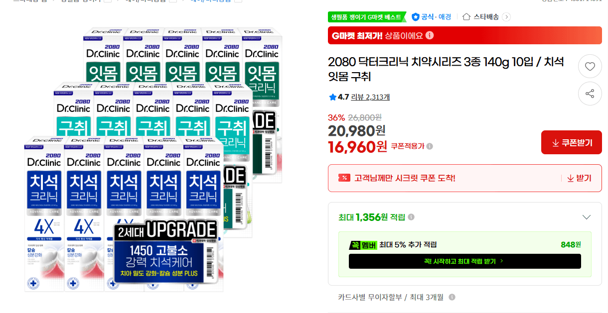 2080 닥터크리닉 치약 10개입