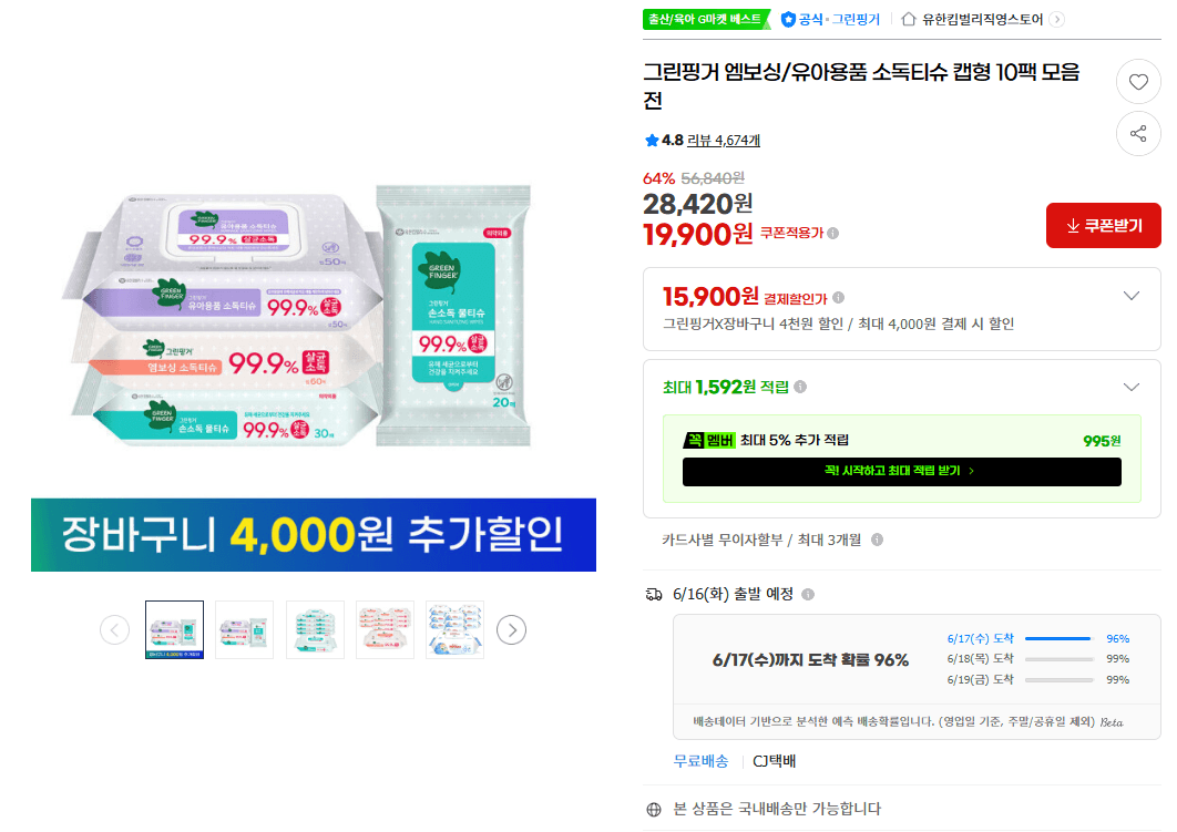 그린핑거 소독티슈 10팩