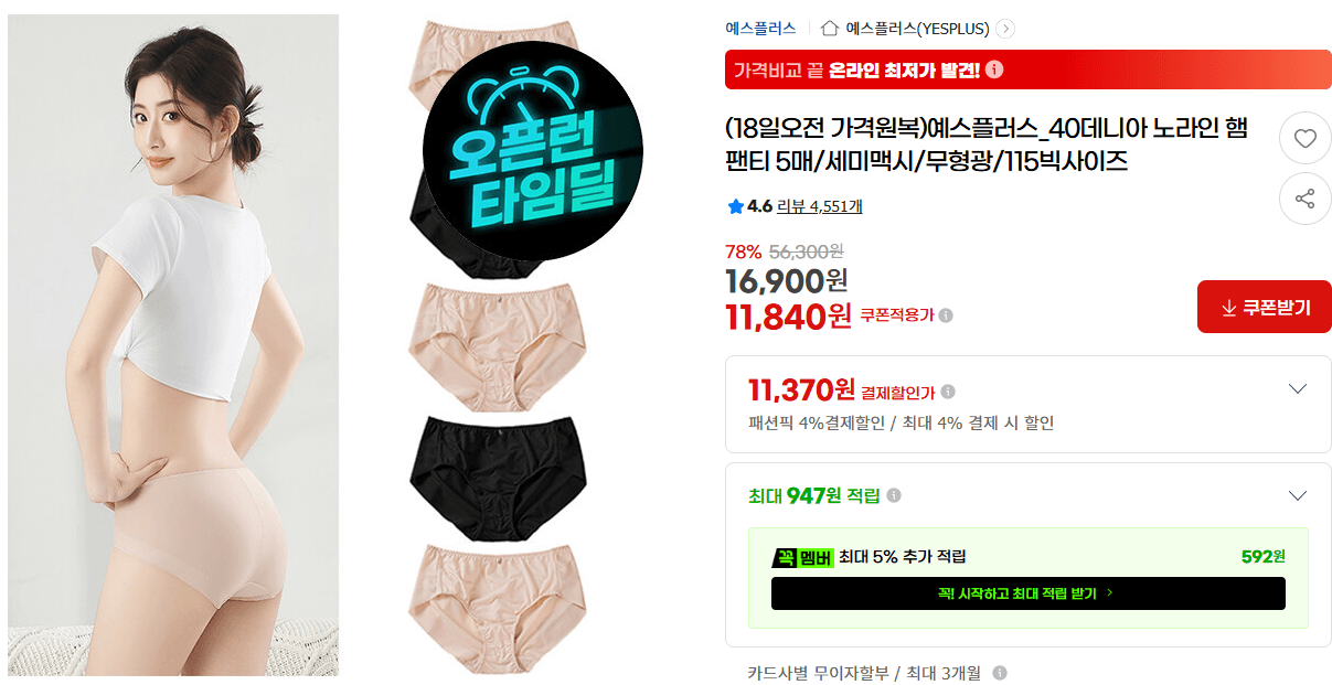 예스플러스 노라인 햄팬티 5매