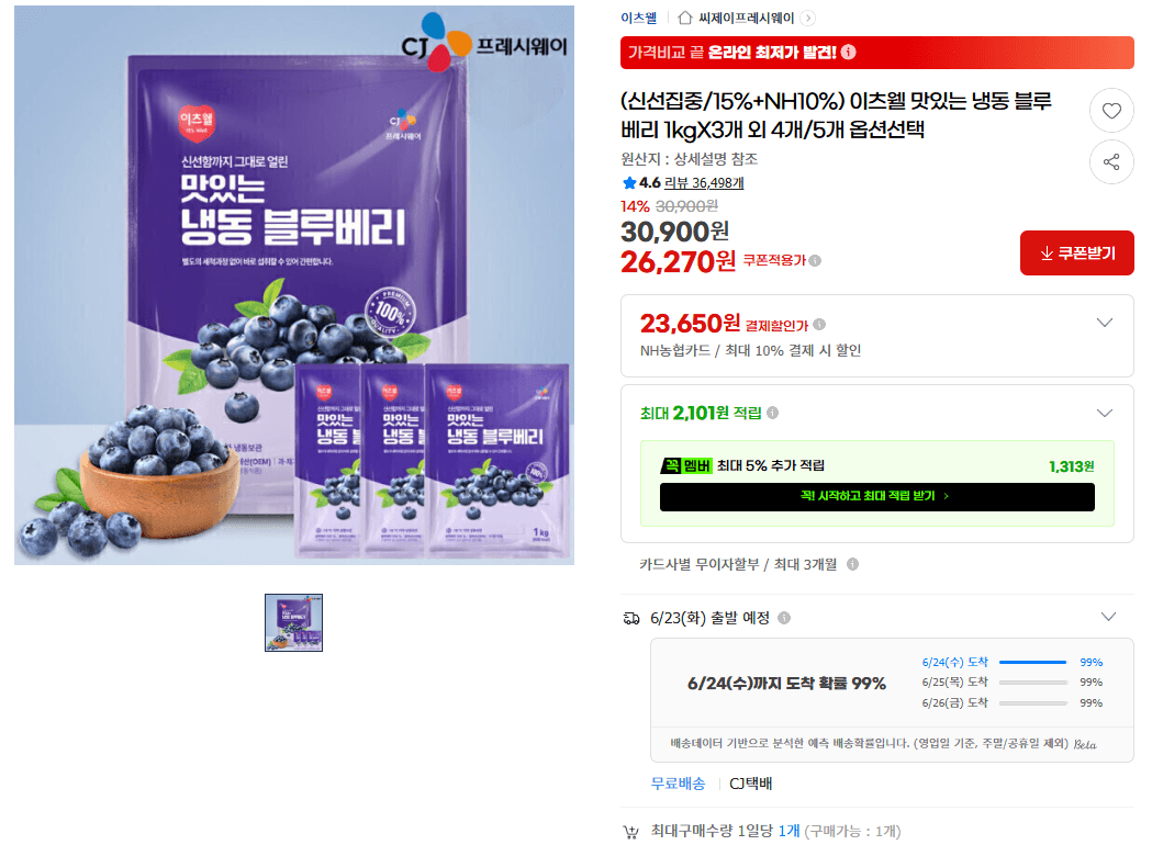 이츠웰 냉동 블루베리 1kg 3팩