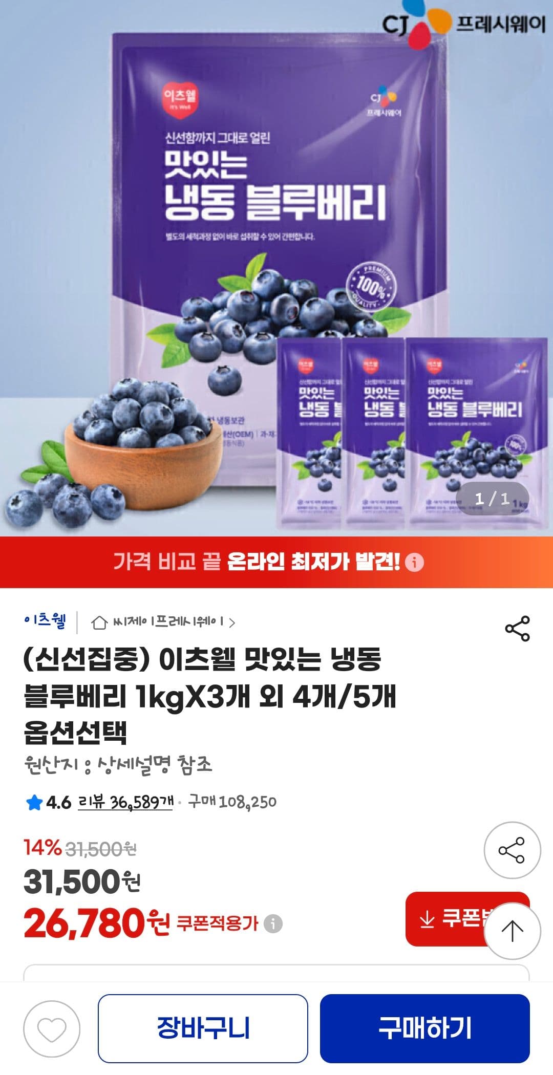 냉동 블루베리 1kg×3